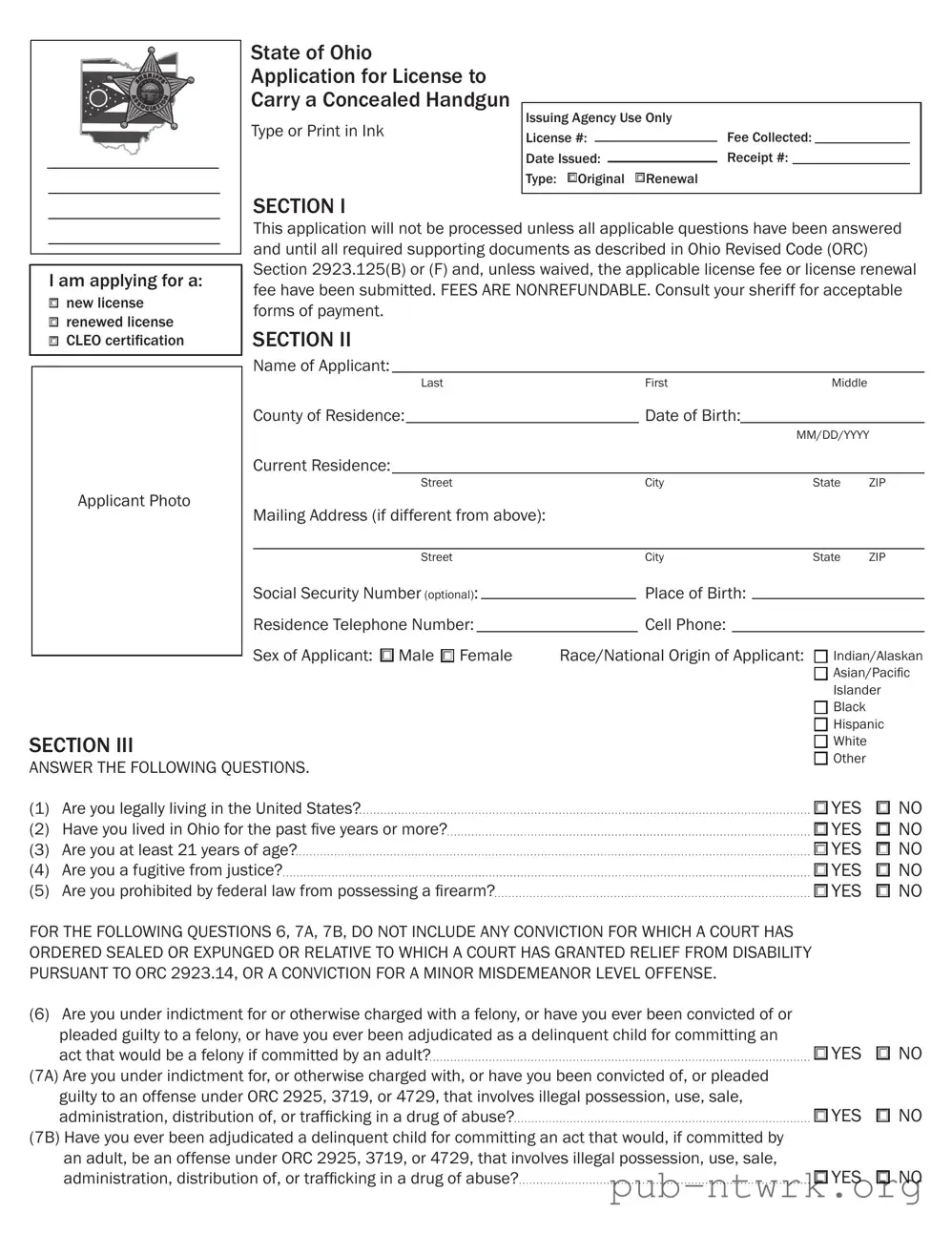 Blank Ohio Application Concealed PDF Form