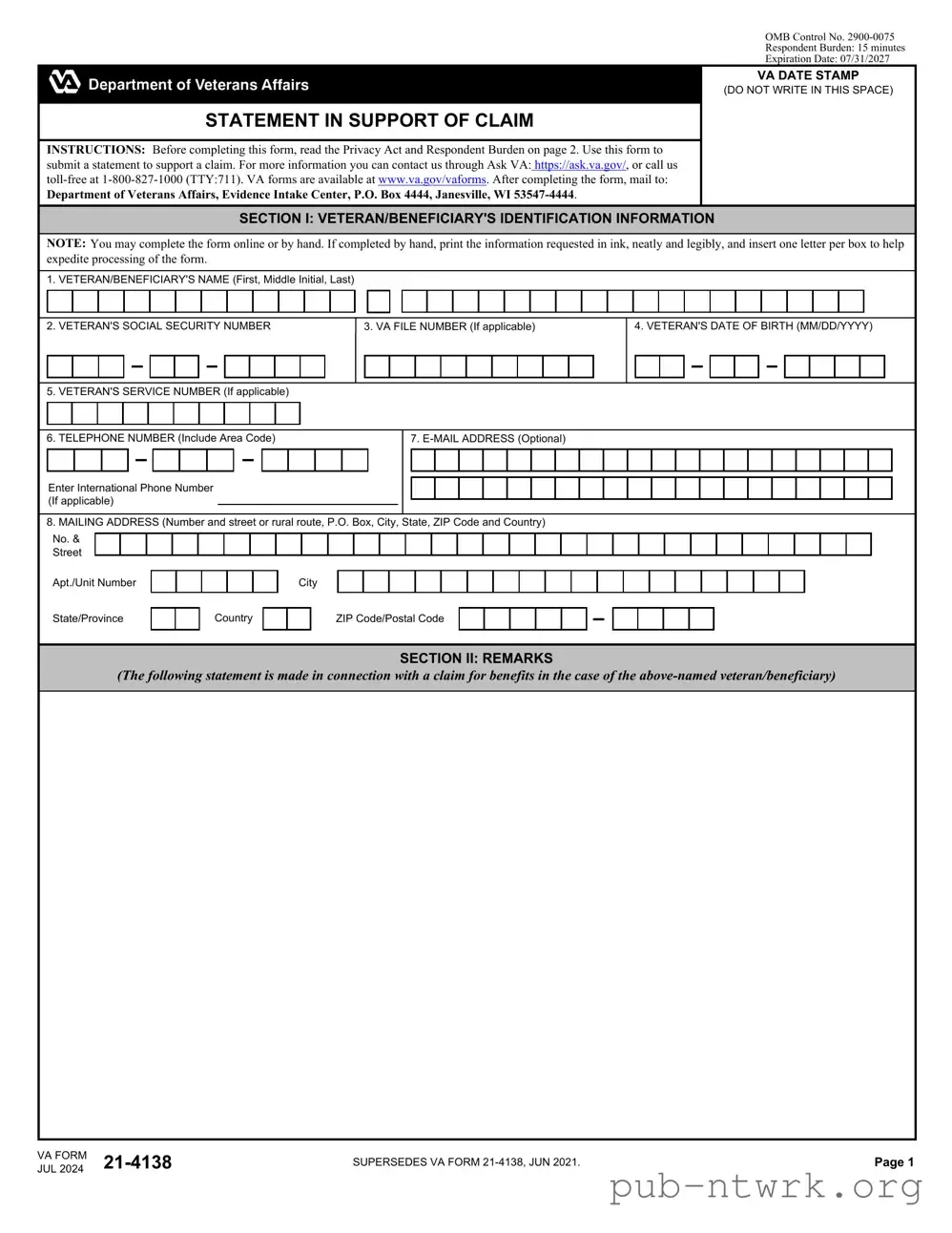 Blank VBA VA 21 4138 PDF Form