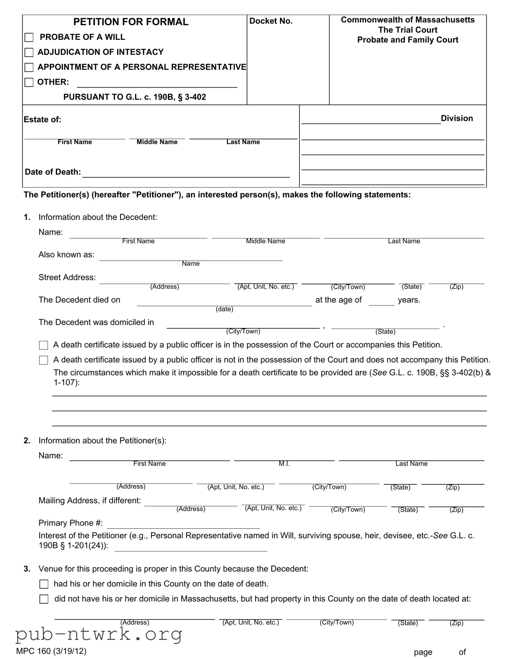Blank Mpc 160 Massachusetts PDF Form