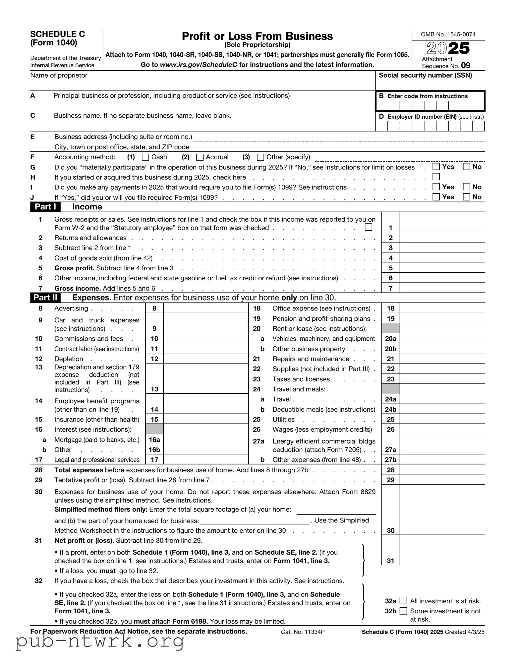 Blank IRS Schedule C 1040 PDF Form