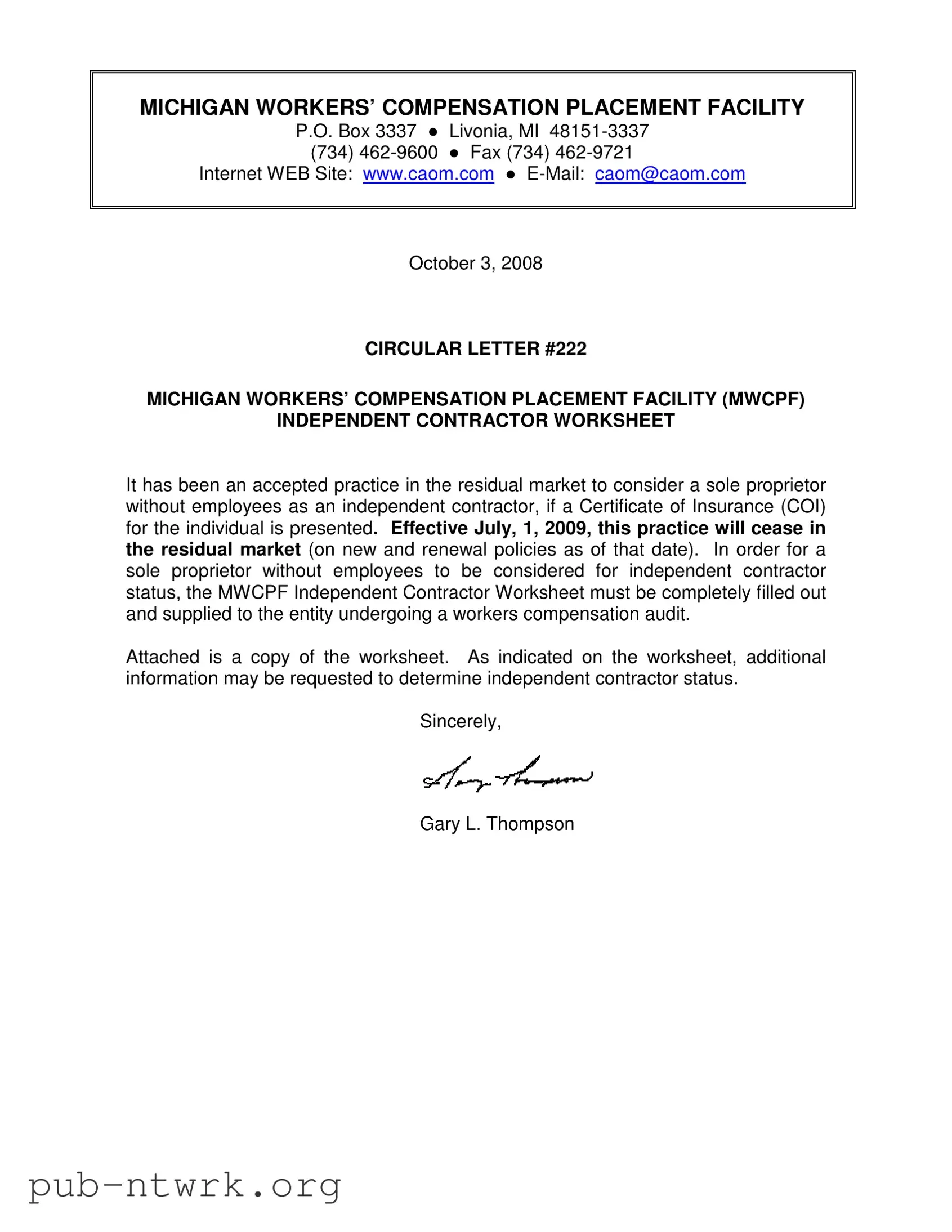 Blank Michigan Workers Independent Contractor Worksheet PDF Form