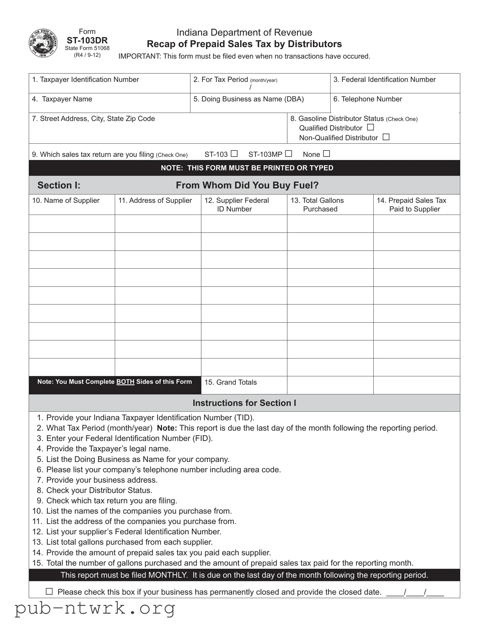 Blank Indiana St 103Dr PDF Form