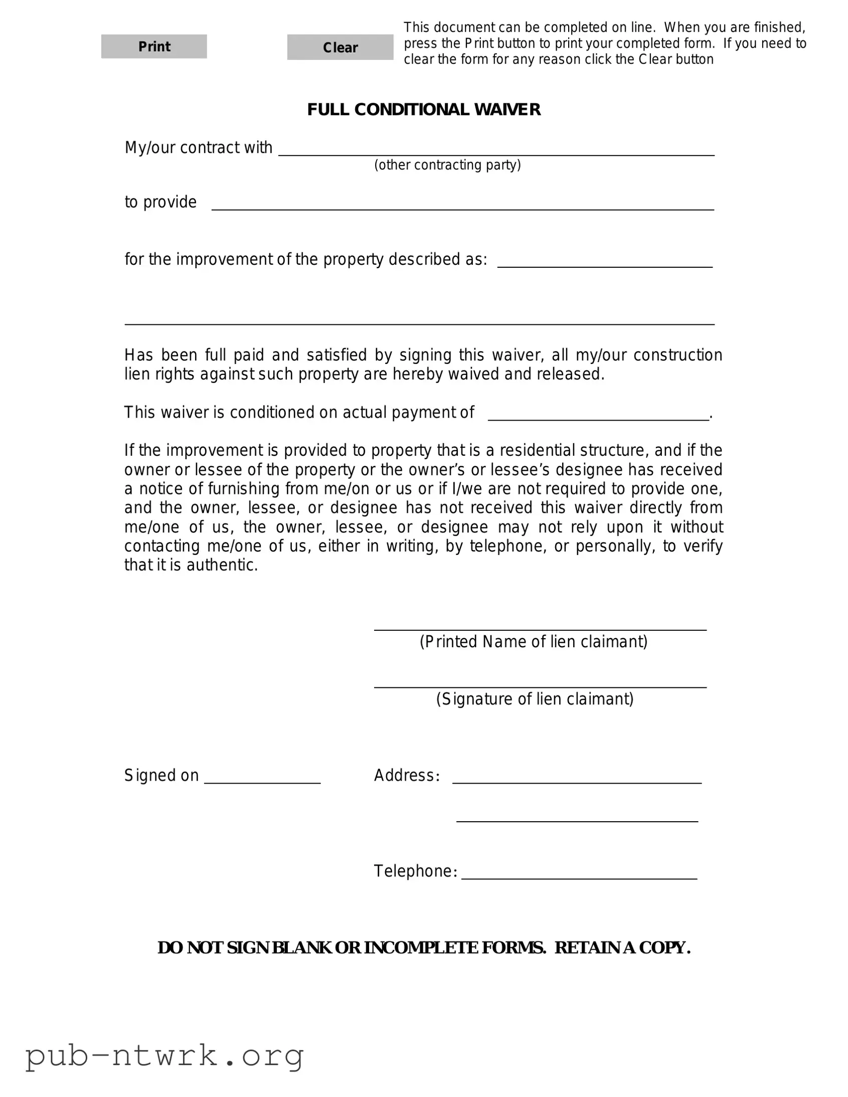 Blank Michigan Full Conditional Waiver PDF Form