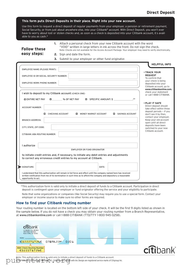Blank Citibank Direct Deposit PDF Form