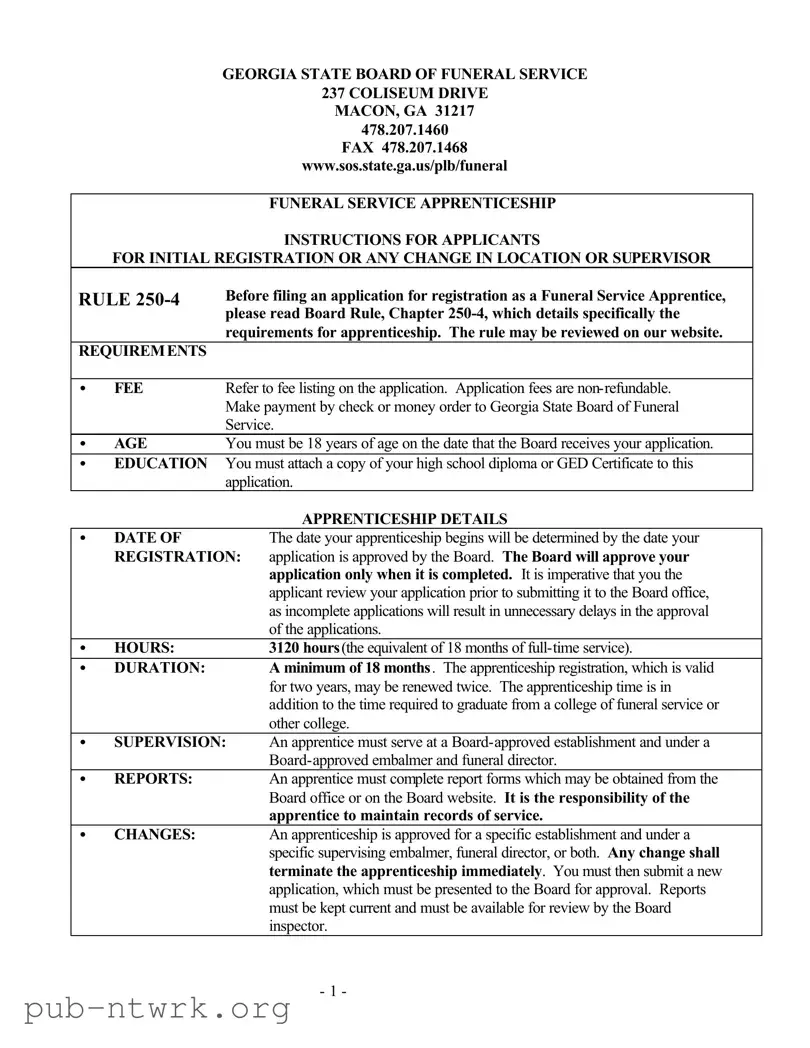 Blank Georgia Funeral Service Apprenticeship PDF Form