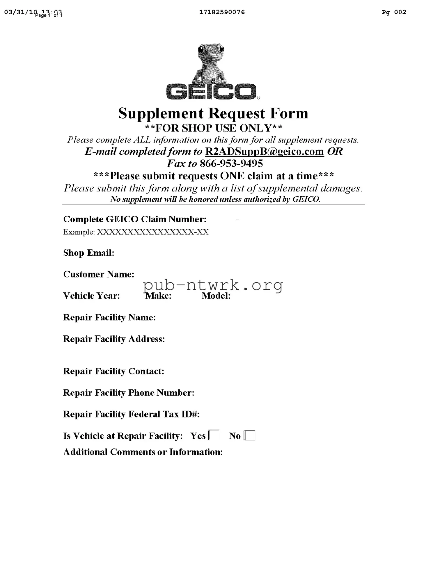 Blank Geico Supplement Request PDF Form