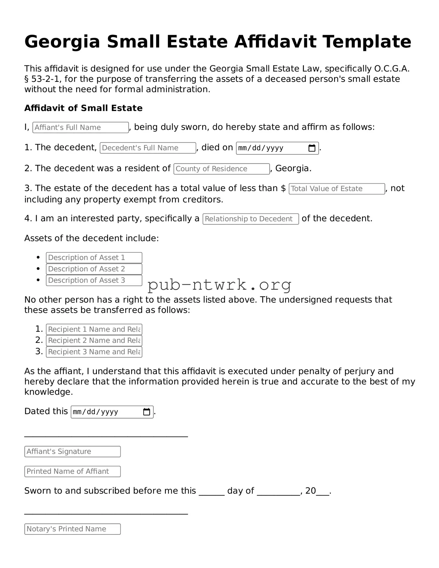 Free Georgia Small Estate Affidavit Form
