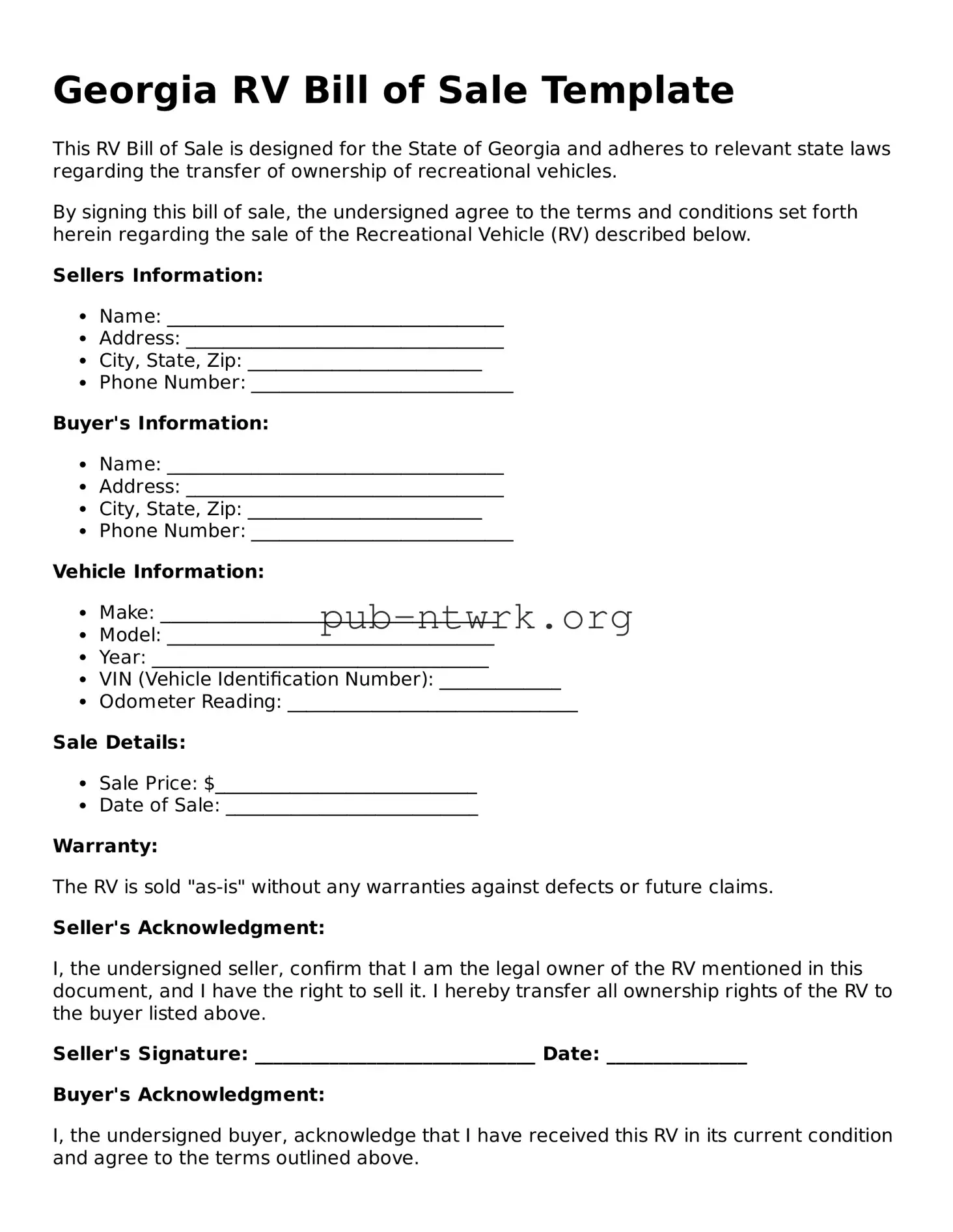 Free Georgia RV Bill of Sale Form