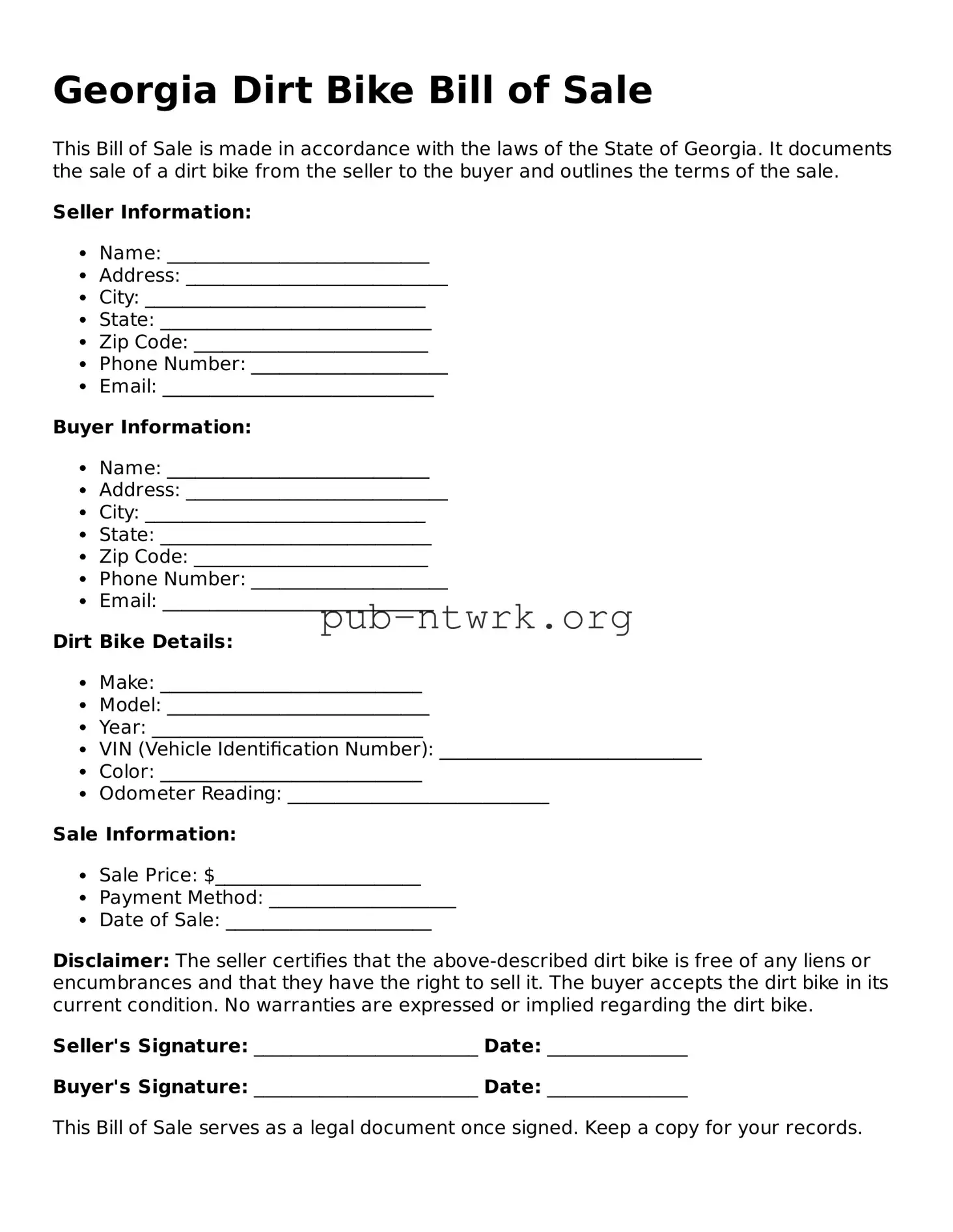 Free Georgia Dirt Bike Bill of Sale Form