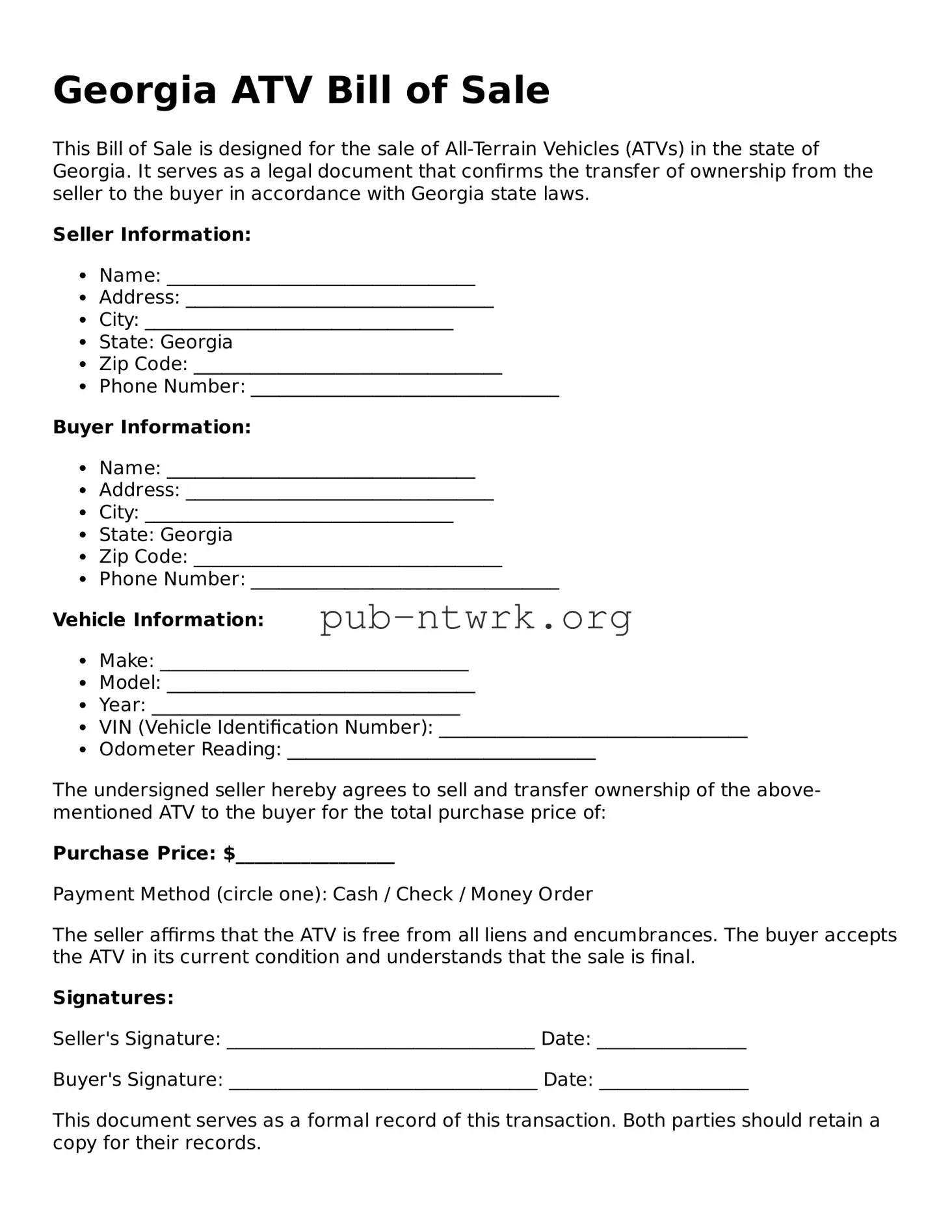 Free Georgia ATV Bill of Sale Form