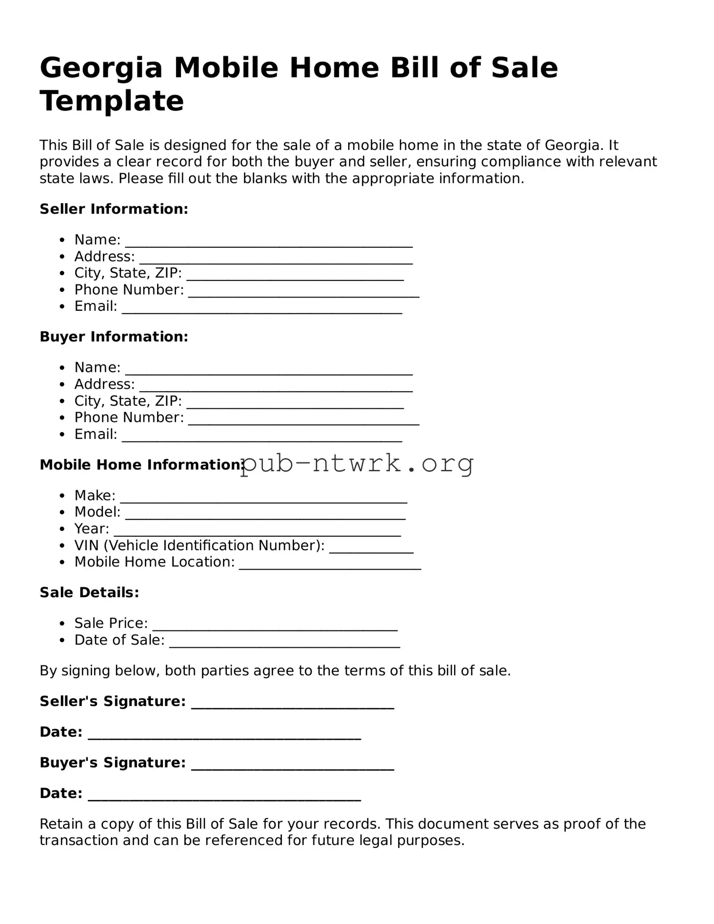 Free Georgia Mobile Home Bill of Sale Form