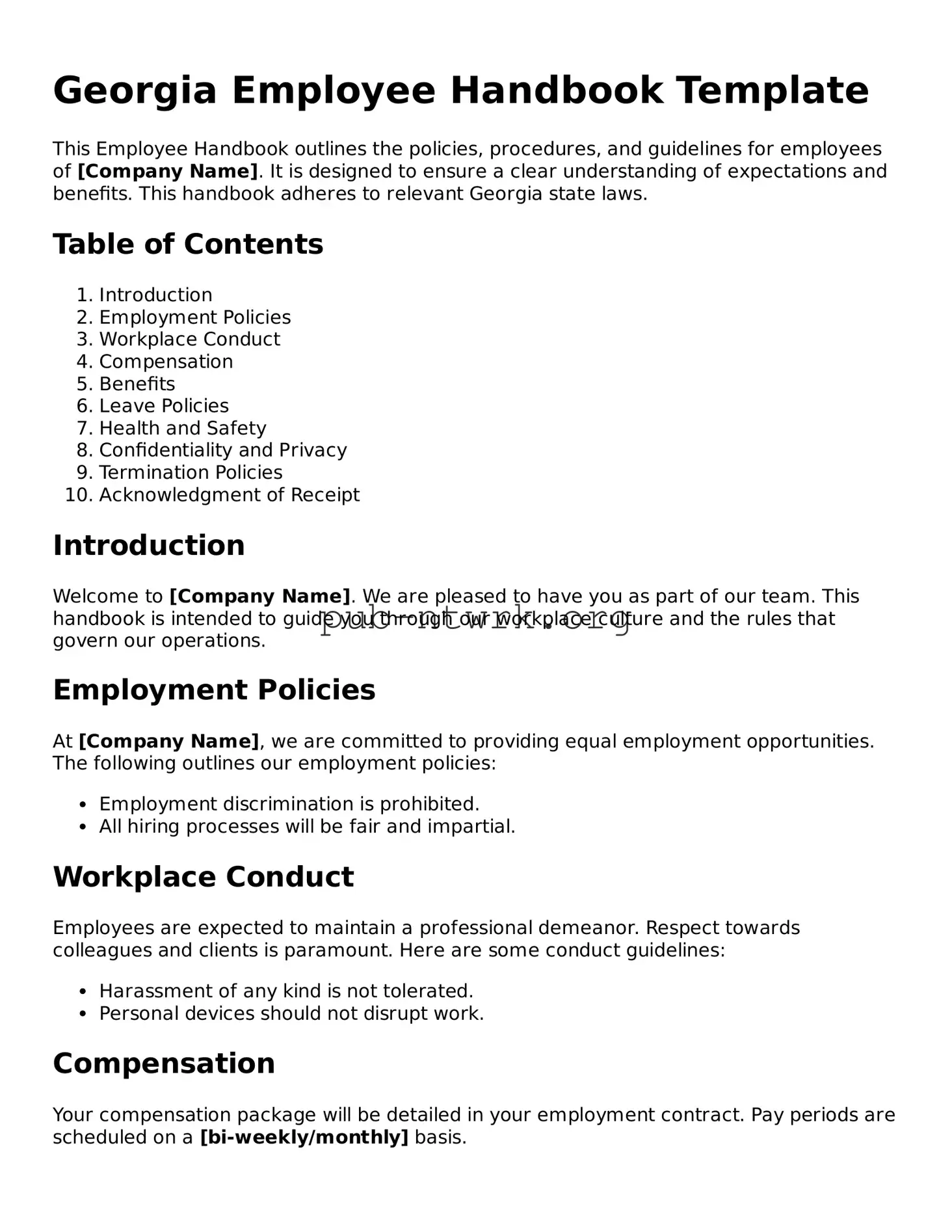 Free Georgia Employee Handbook Form