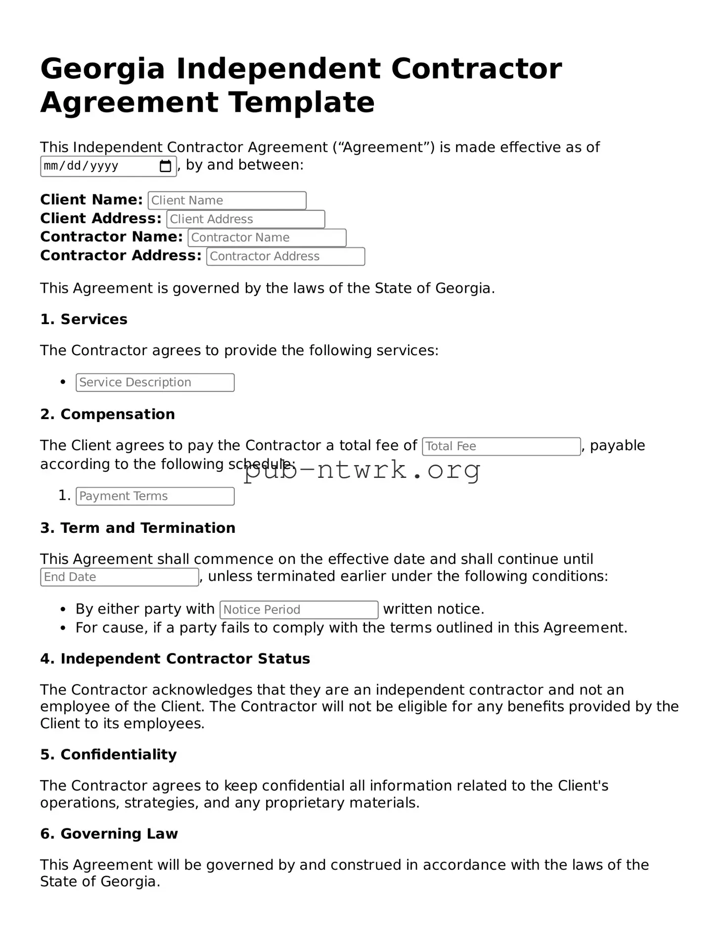 Free Georgia Independent Contractor Agreement Form