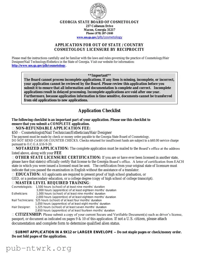 Blank Georgia Cosmetology Reciprocity PDF Form