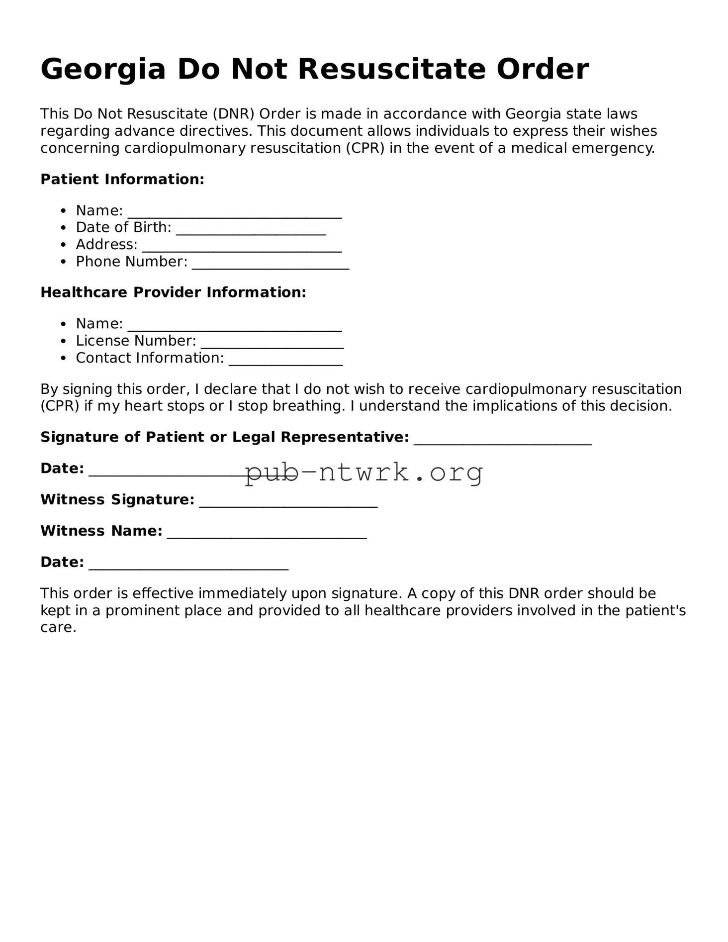 Free Georgia Do Not Resuscitate Order Form