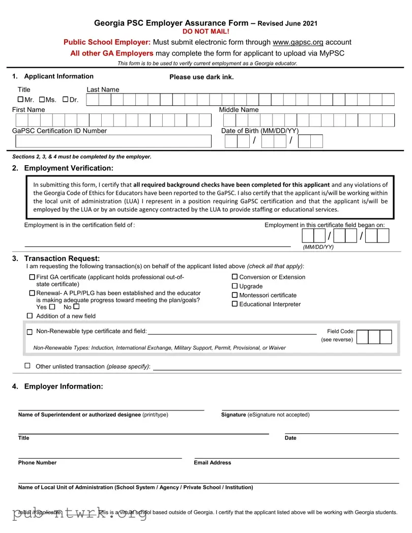 Blank Georgia Psc Employer Assurance PDF Form