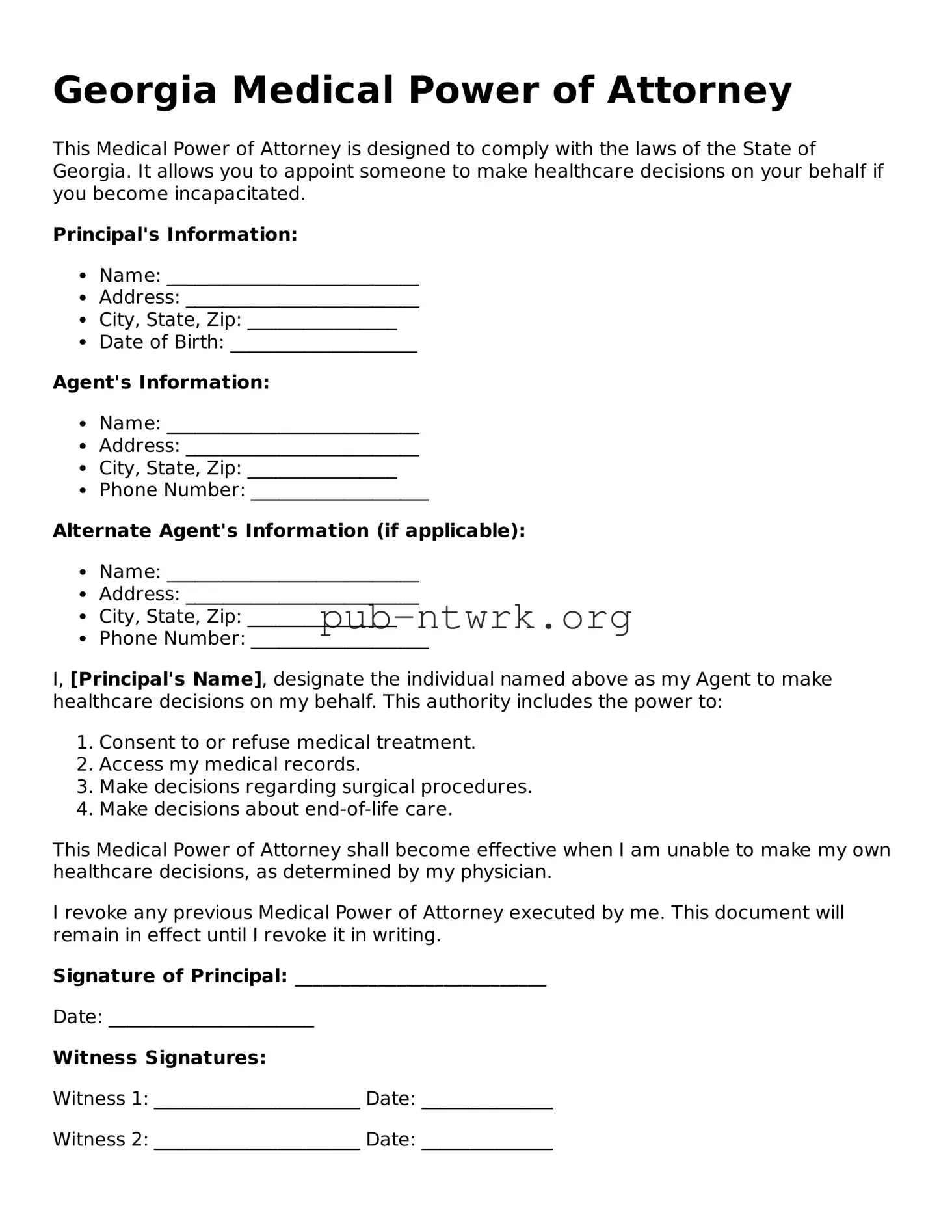 Free Georgia Medical Power of Attorney Form