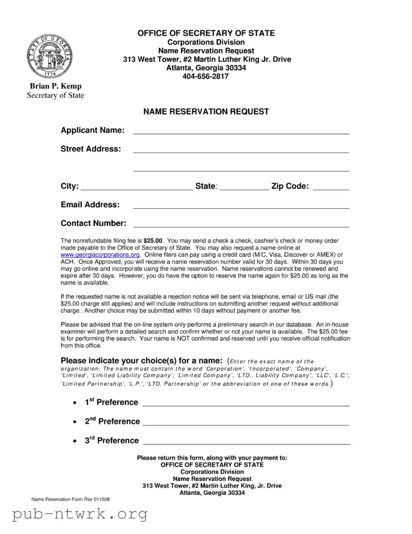 Blank Georgia Name Reservation PDF Form