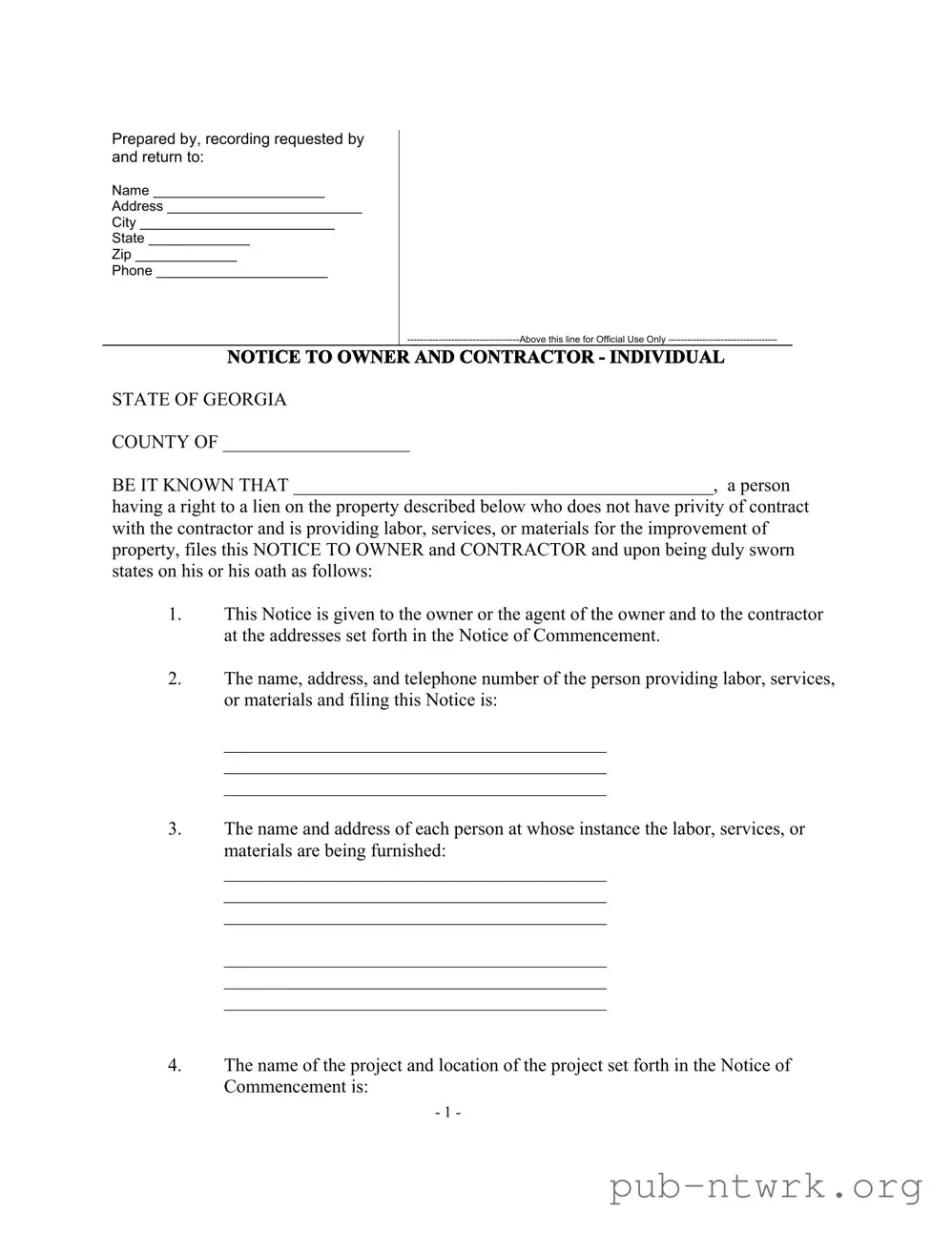 Blank Notice To Owner Georgia PDF Form