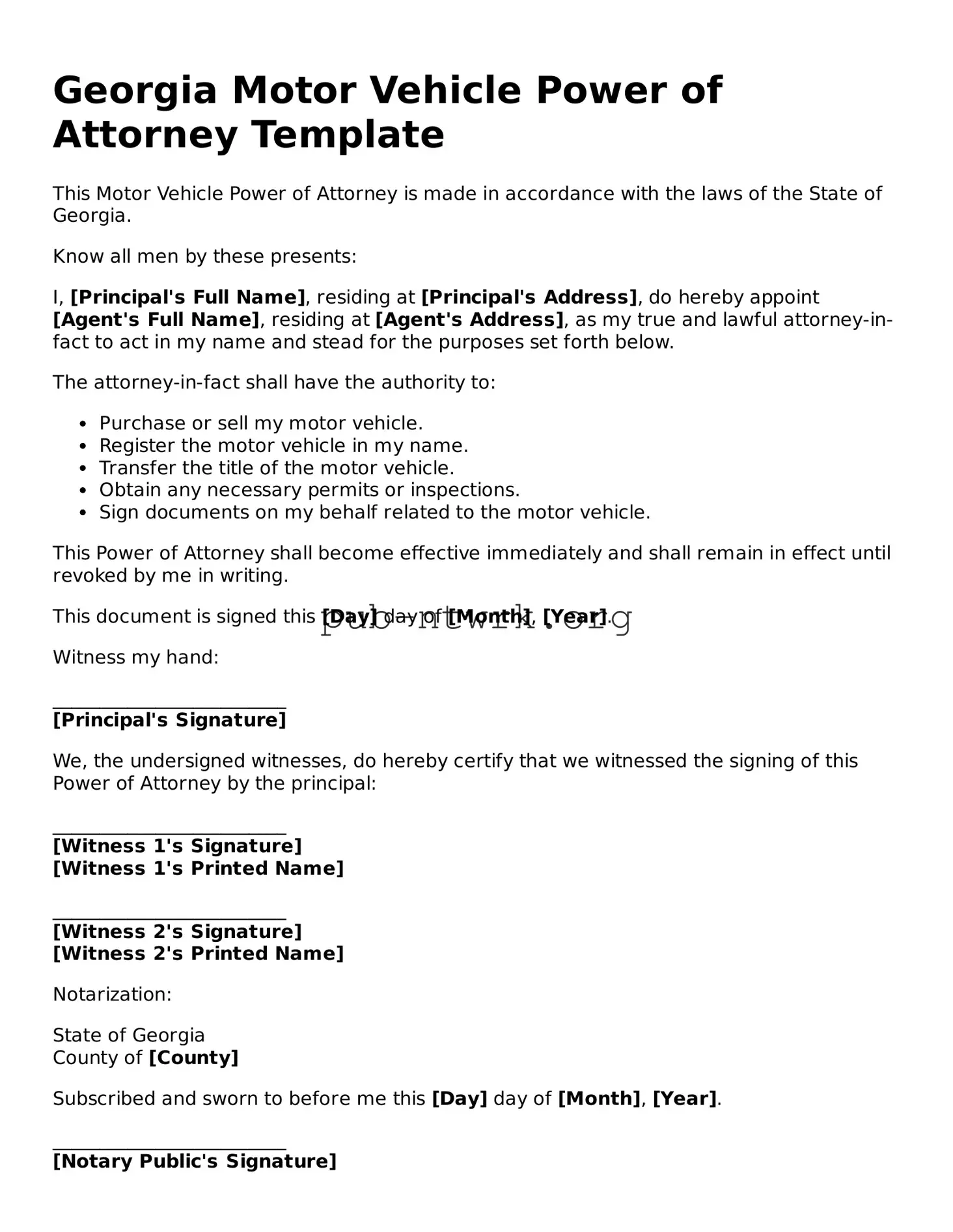 Free Georgia Motor Vehicle Power of Attorney Form