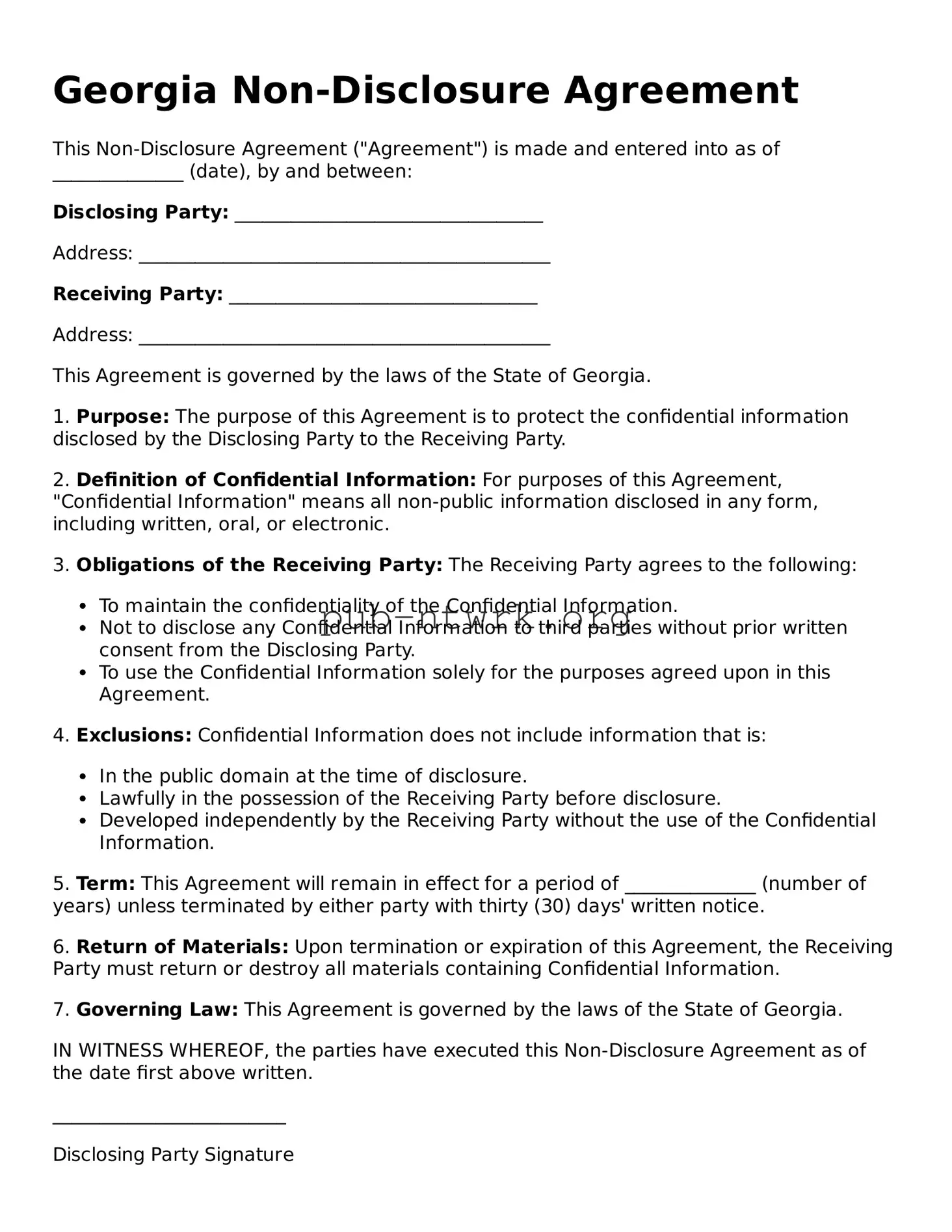 Free Georgia Non-disclosure Agreement Form
