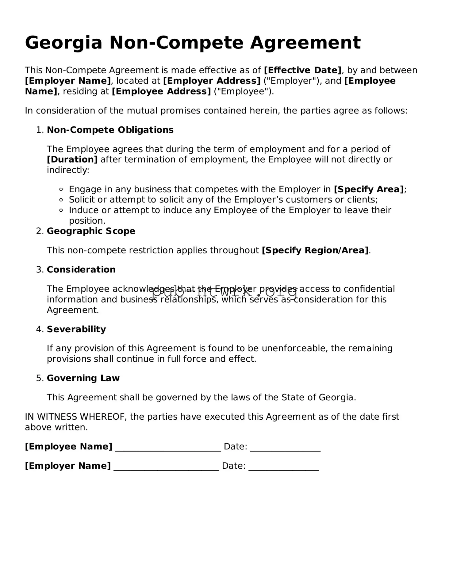 Free Georgia Non-compete Agreement Form