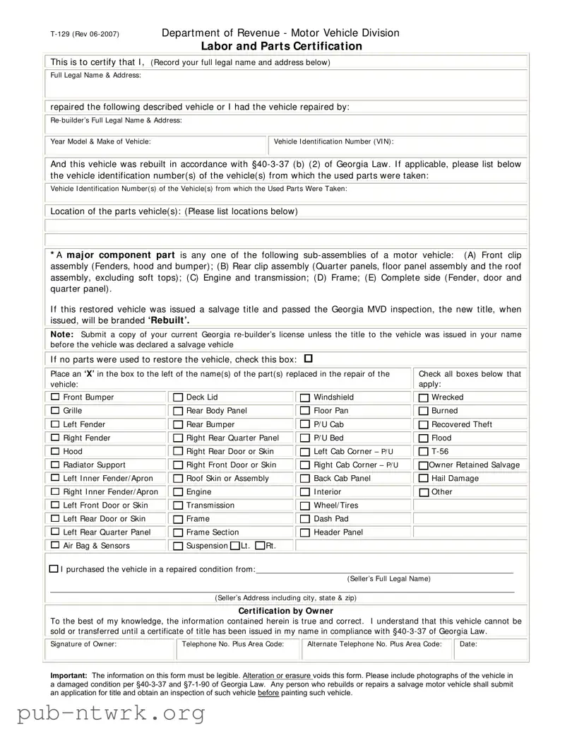 Blank Georgia T 129 PDF Form