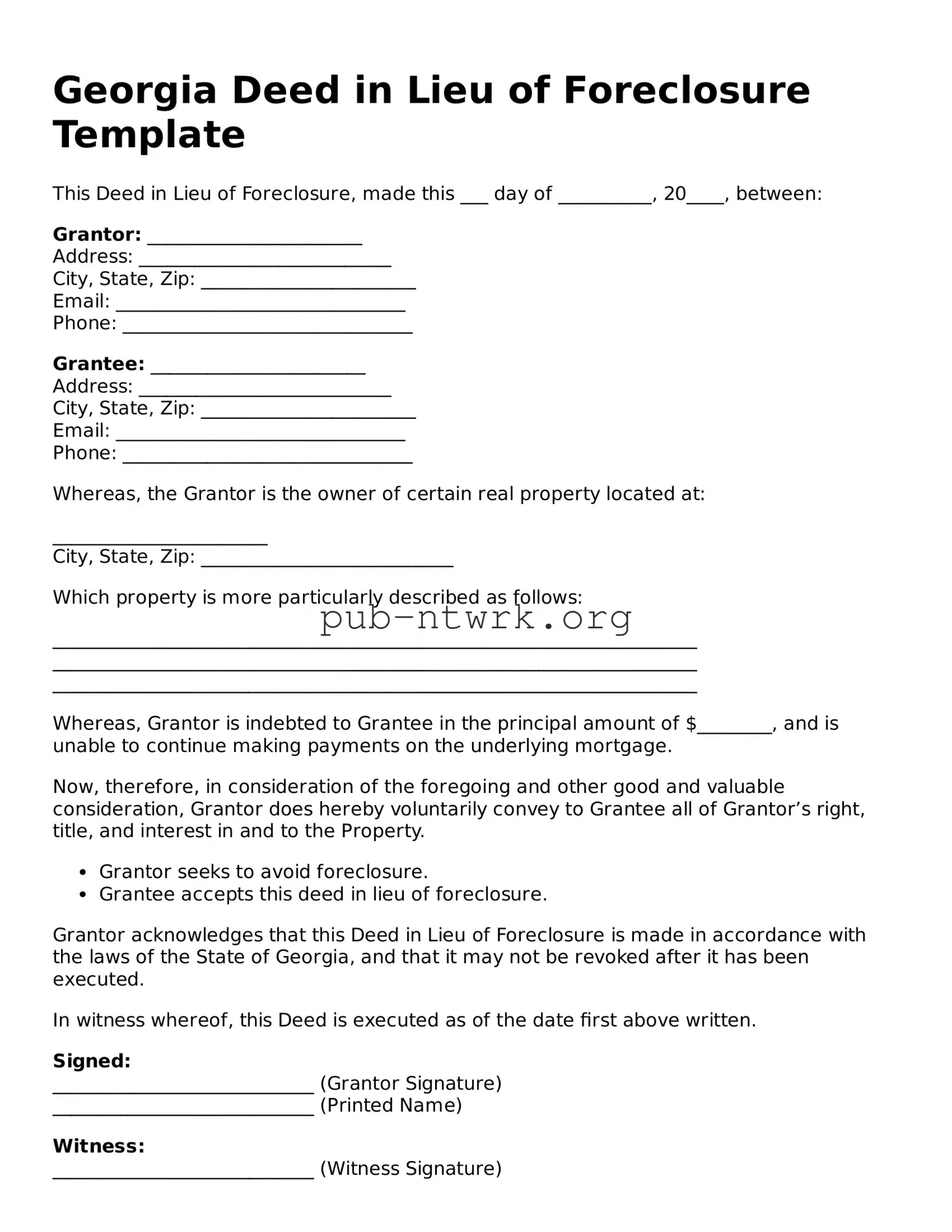 Free Georgia Deed in Lieu of Foreclosure Form