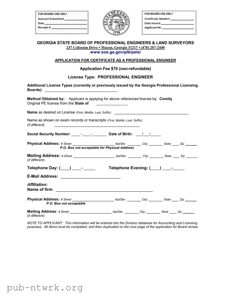 Blank Georgia Pe Comity Application PDF Form