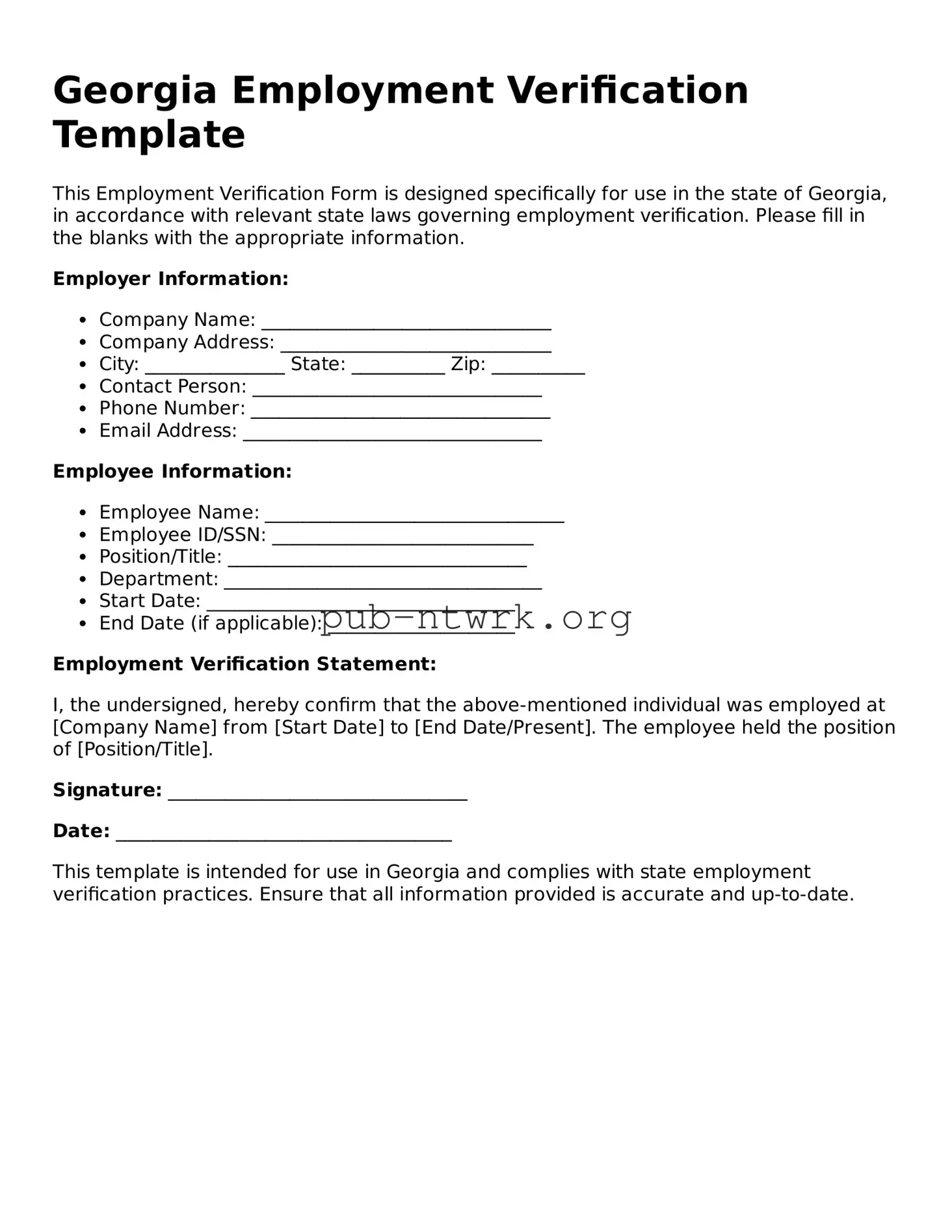 Free Georgia Employment Verification Form