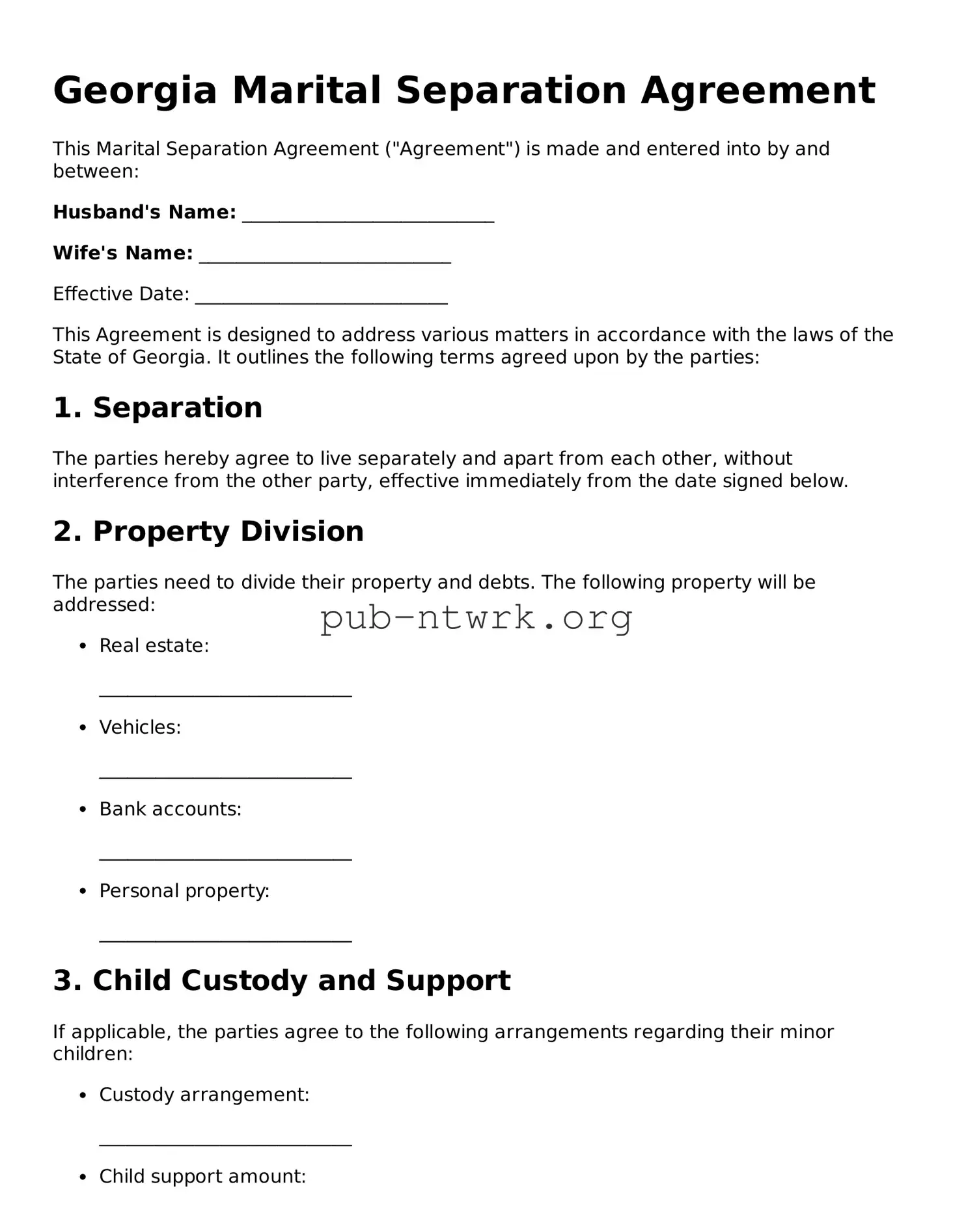 Free Georgia Marital Separation Agreement Form