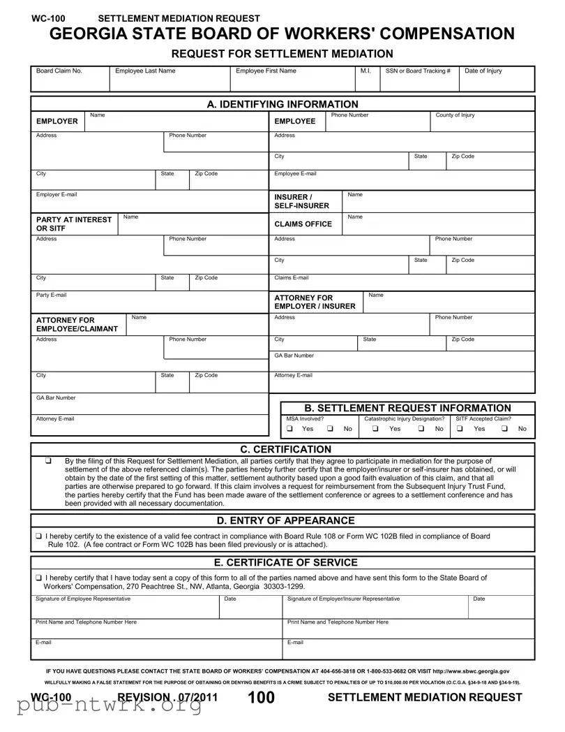 Blank Georgia Wc 100 PDF Form