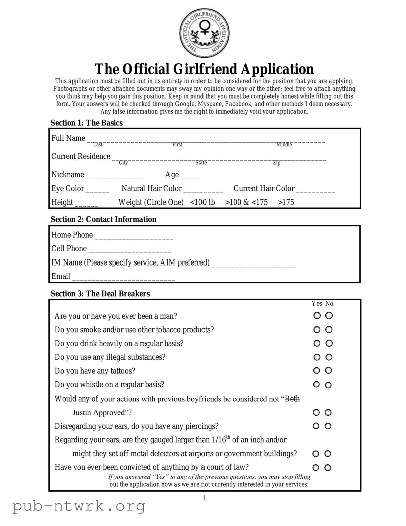 Blank Girlfriend Application PDF Form