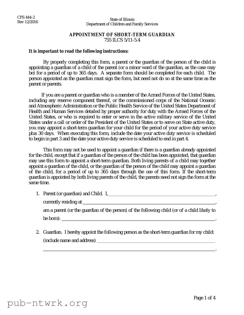 Blank Illinois Appointment Short Term Guardian PDF Form