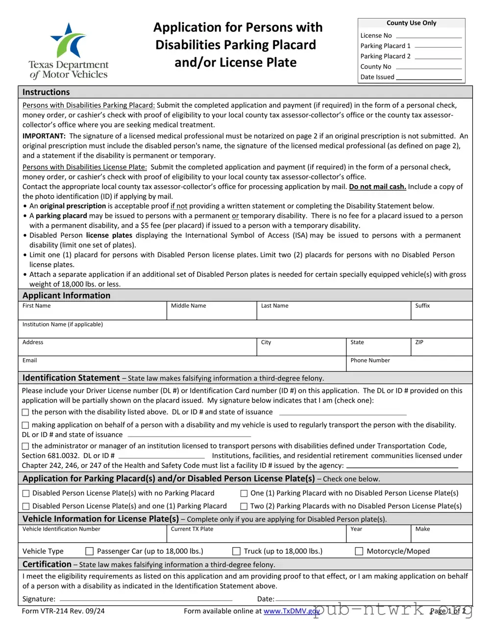 Blank Texas Parking Vtr 214 PDF Form