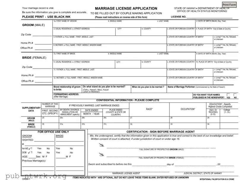 Blank Hawaii Marriage Licens Application PDF Form