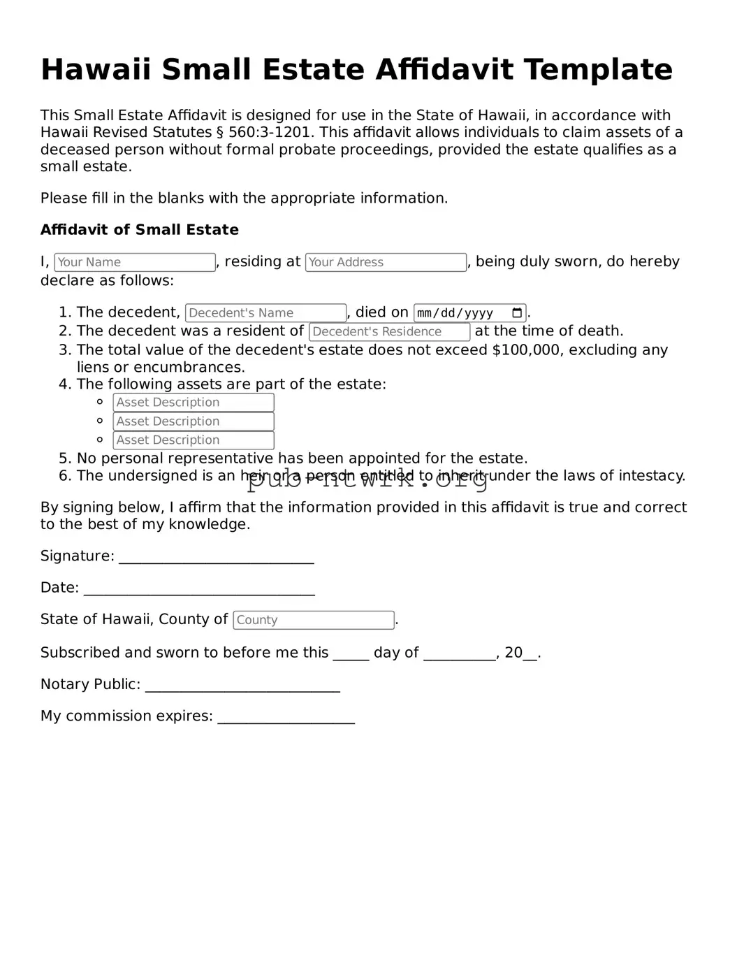 Free Hawaii Small Estate Affidavit Form
