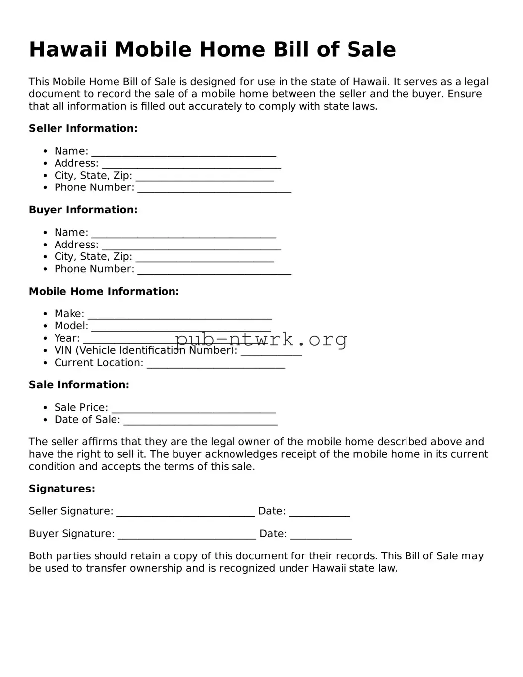 Free Hawaii Mobile Home Bill of Sale Form