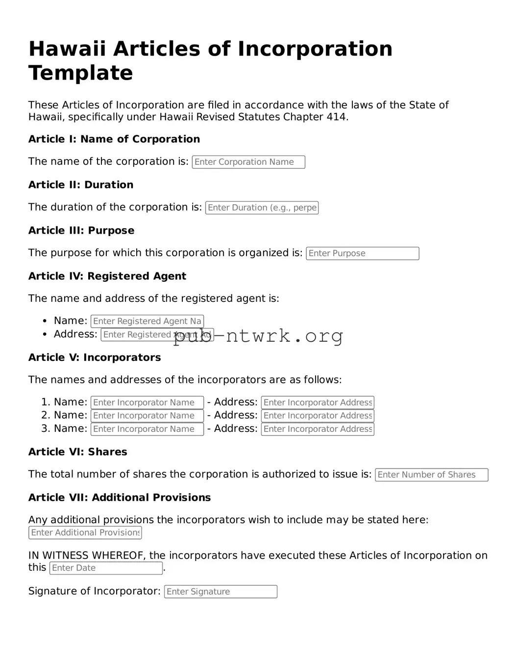 Free Hawaii Articles of Incorporation Form