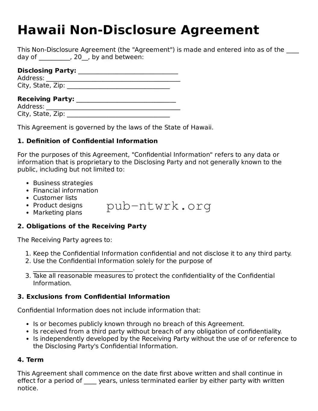 Free Hawaii Non-disclosure Agreement Form
