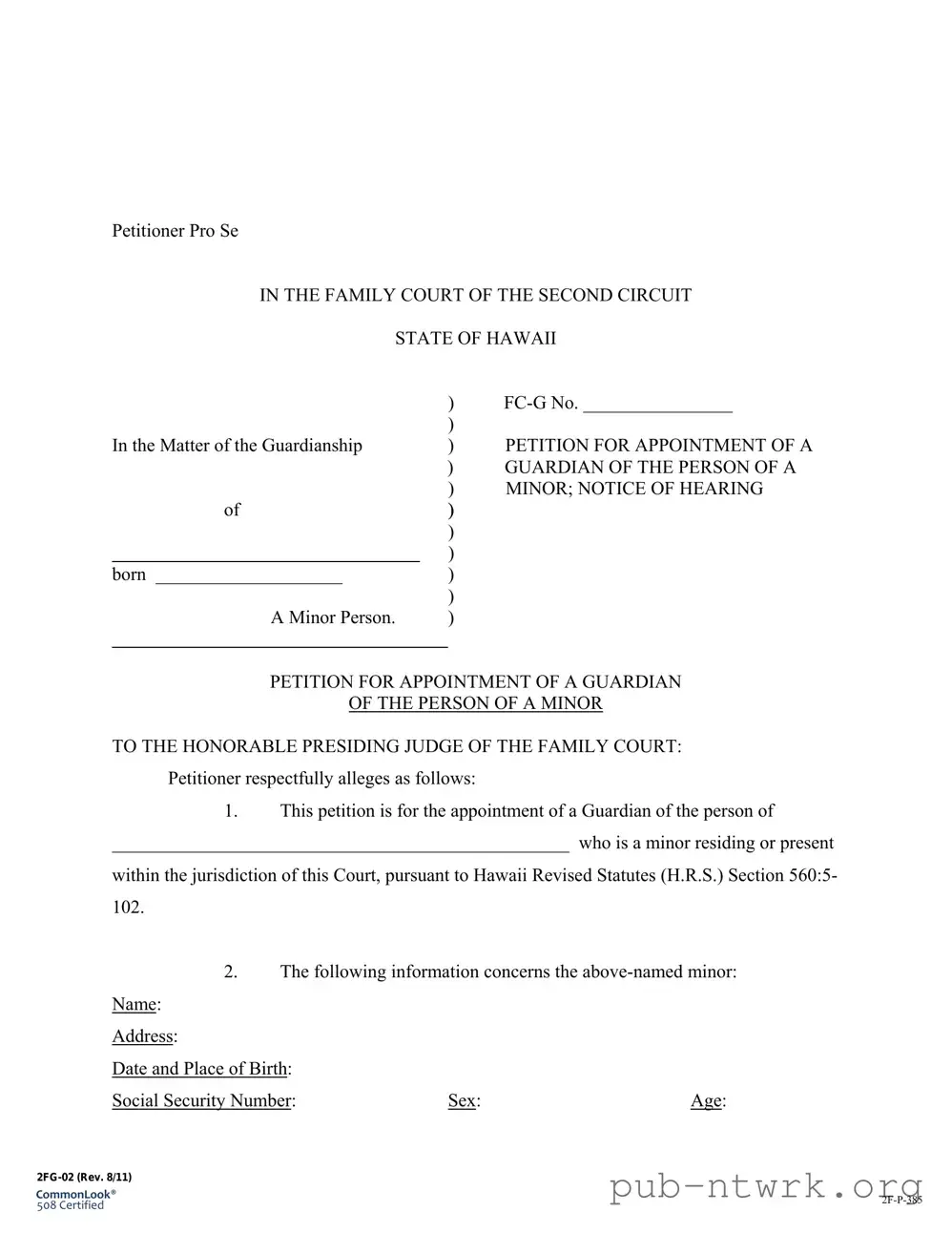 Blank State Hawaii Guardianship PDF Form