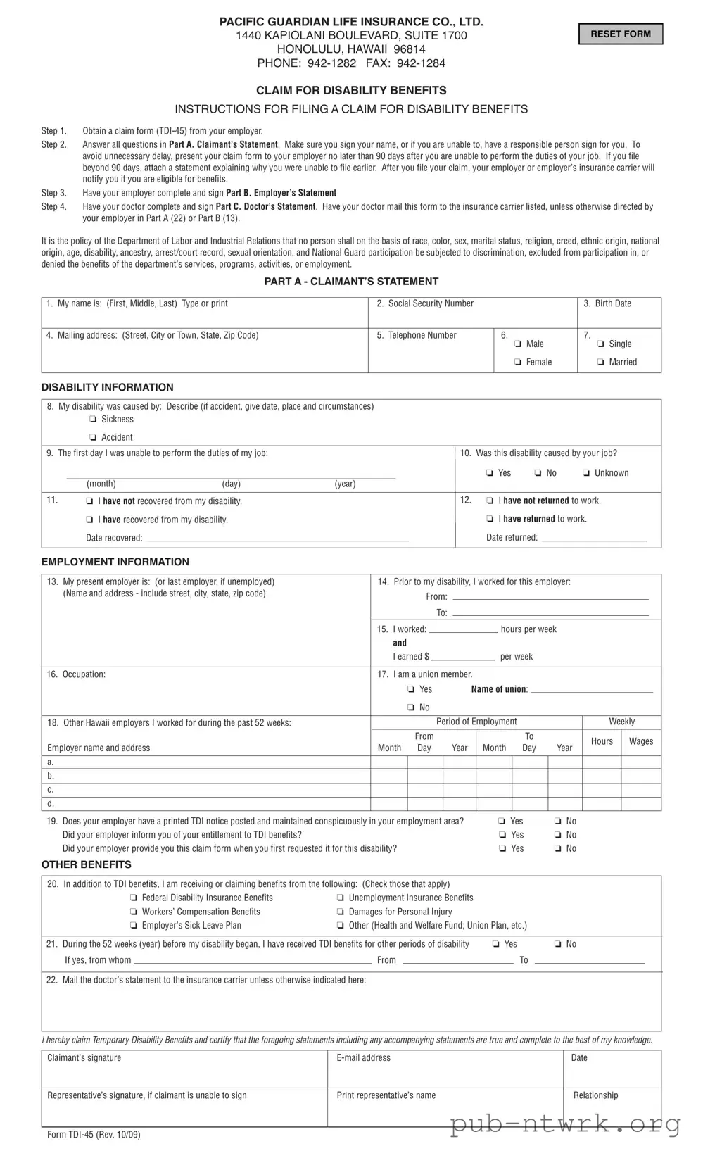 Blank State Hawaii Tdi 45 PDF Form