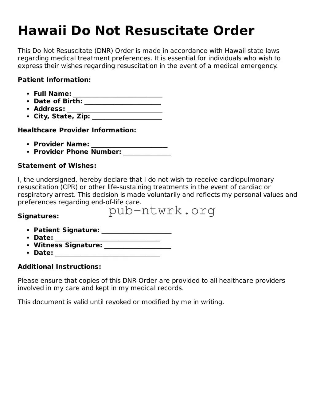 Free Hawaii Do Not Resuscitate Order Form