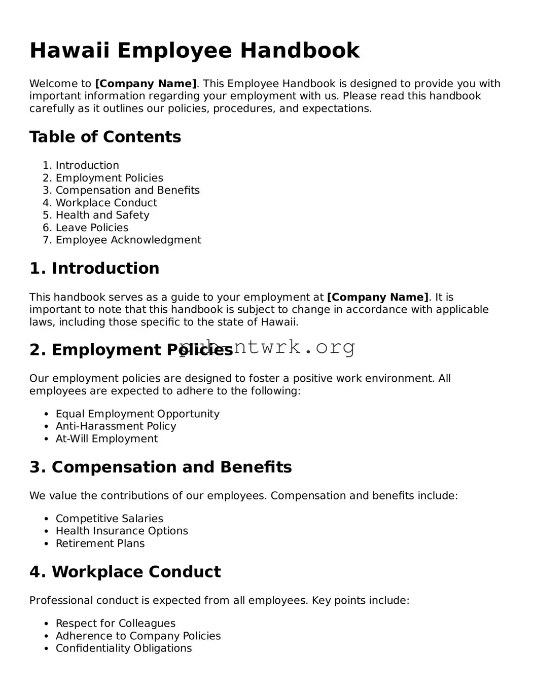 Free Hawaii Employee Handbook Form