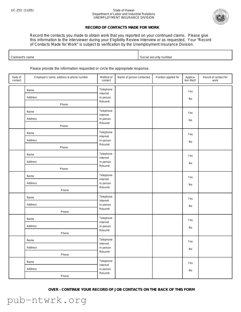Blank Hawaii Uc 253 PDF Form