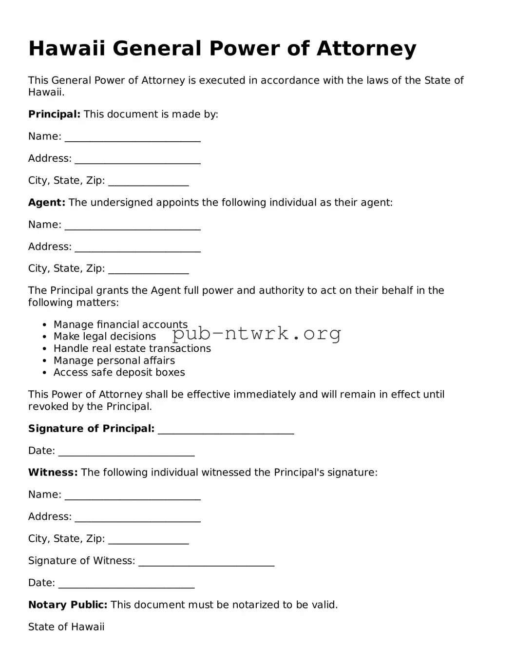 Free Hawaii General Power of Attorney Form
