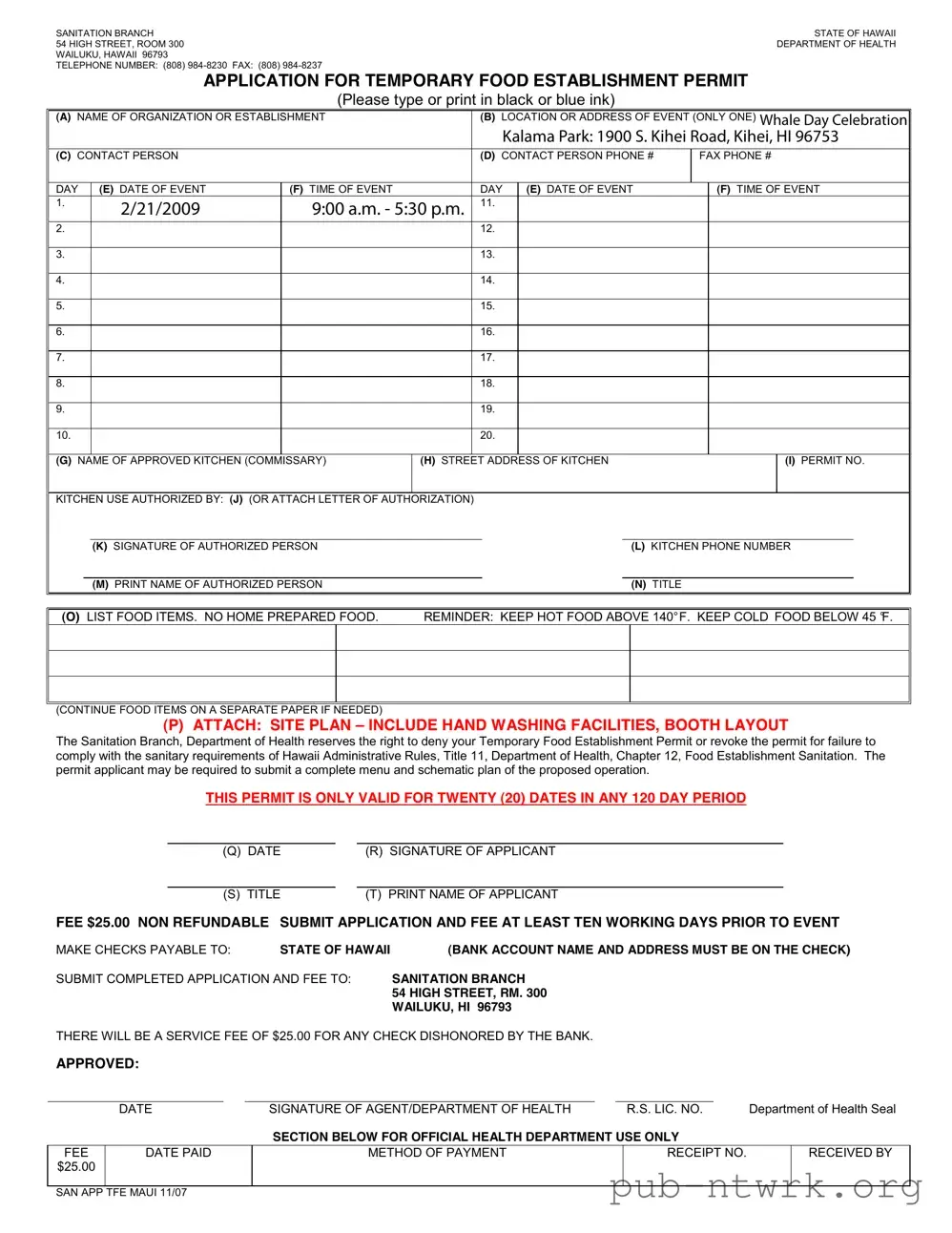 Blank Temporary Food Permit Hawaii PDF Form