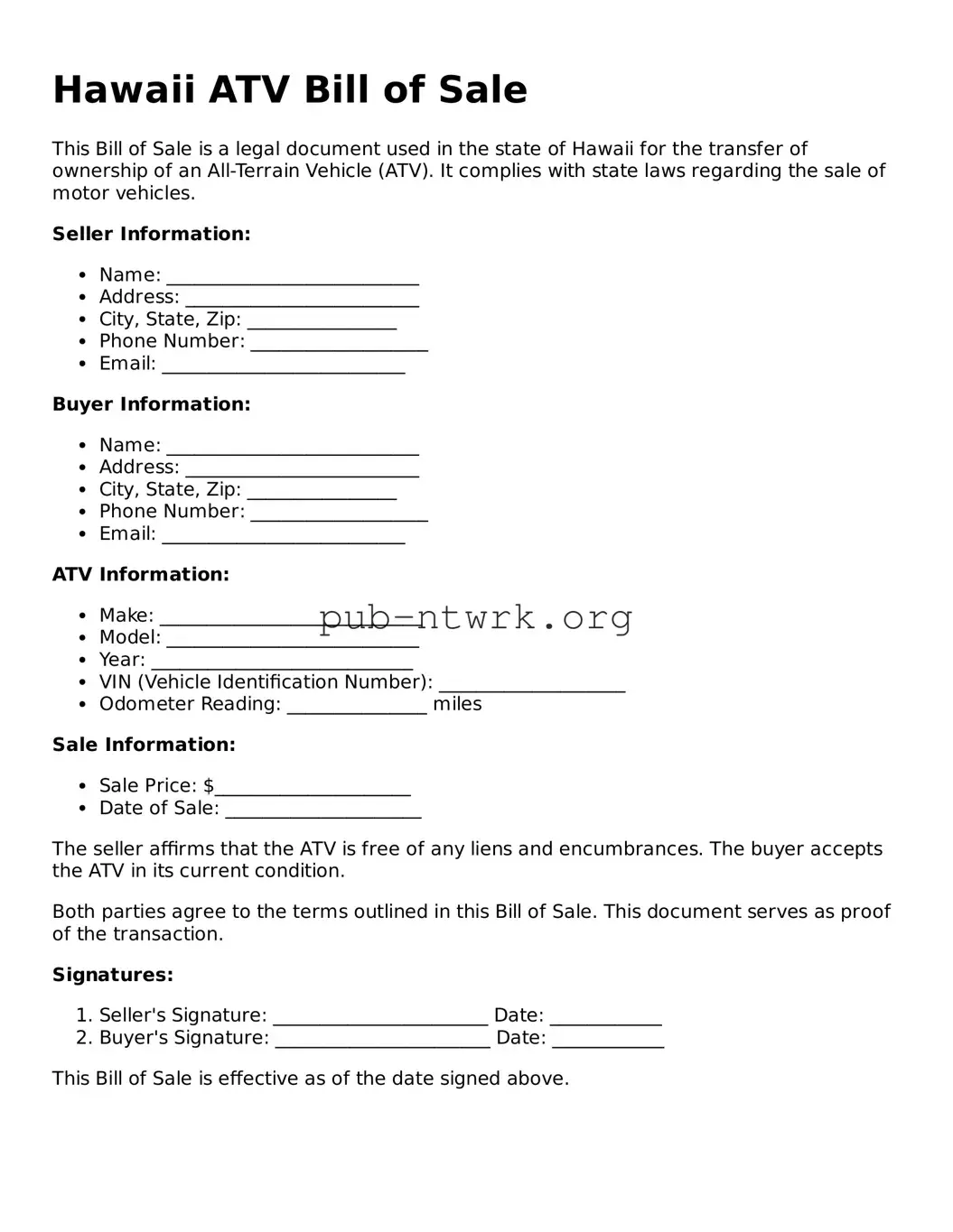 Free Hawaii ATV Bill of Sale Form