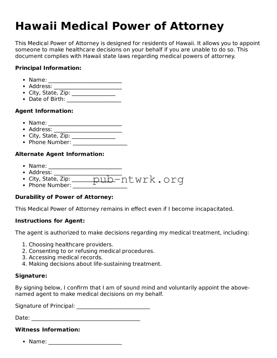 Free Hawaii Medical Power of Attorney Form