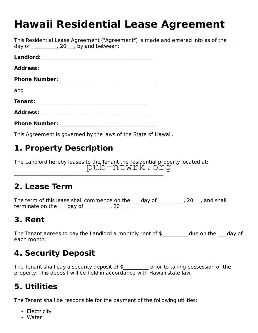 Free Hawaii Residential Lease Agreement Form
